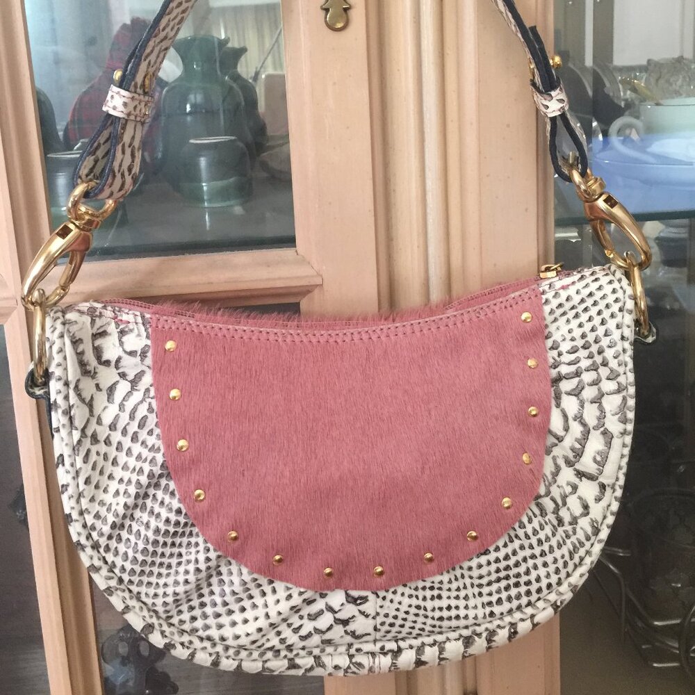 Berge Italian Made Leather Snakeskin Pony Calf Hair Shoulder Bag